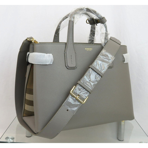 $1790 BURBERRY MD BANNER TAUPE GRAY LEATHER CHECK SHOULDER MEDIUM TOTE BAG - Picture 1 of 16